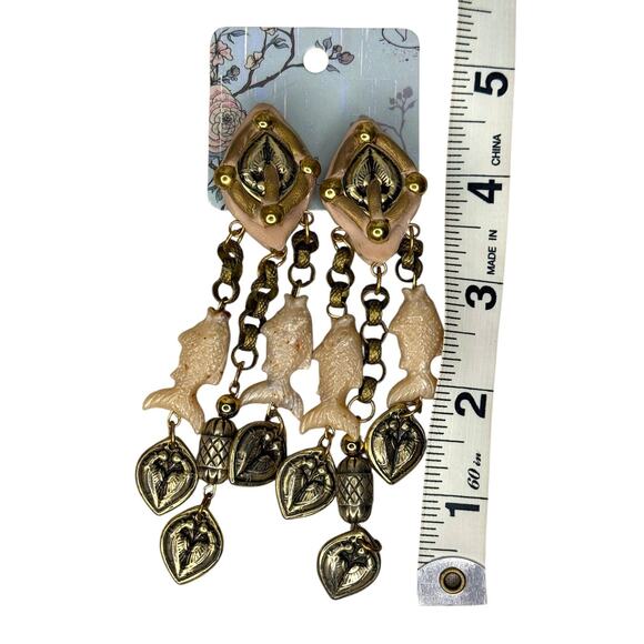 Vintage Fish Charm Earrings Dangle Clip Ons Statement Earrings - Picture 5 of 7